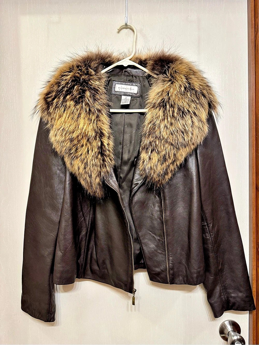 Preston & York Brown Leather Fur Collar Jacket Size Medium